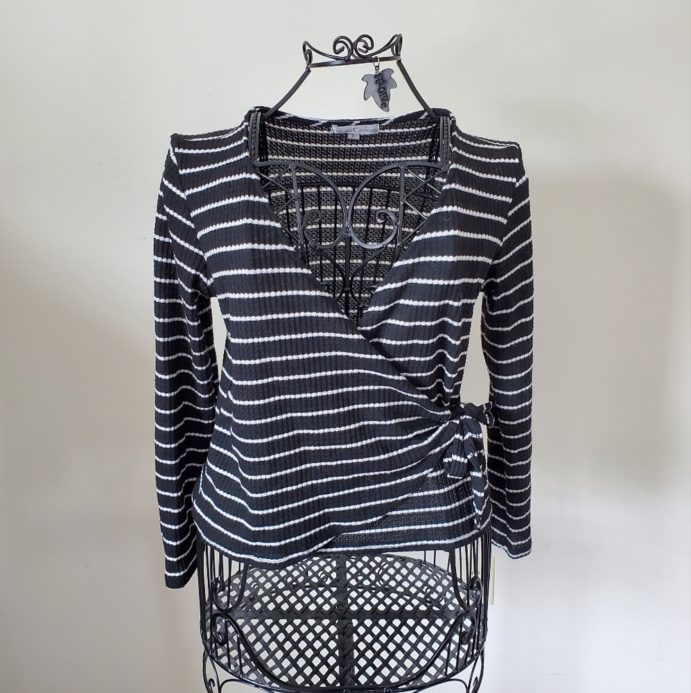 Black and White Striped Faux Wrap Top